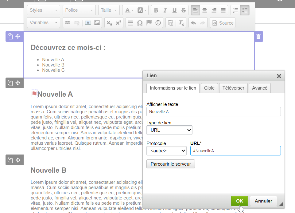 Cr&eacute;er un lien (ancre) dans un diff&eacute;rent bloc